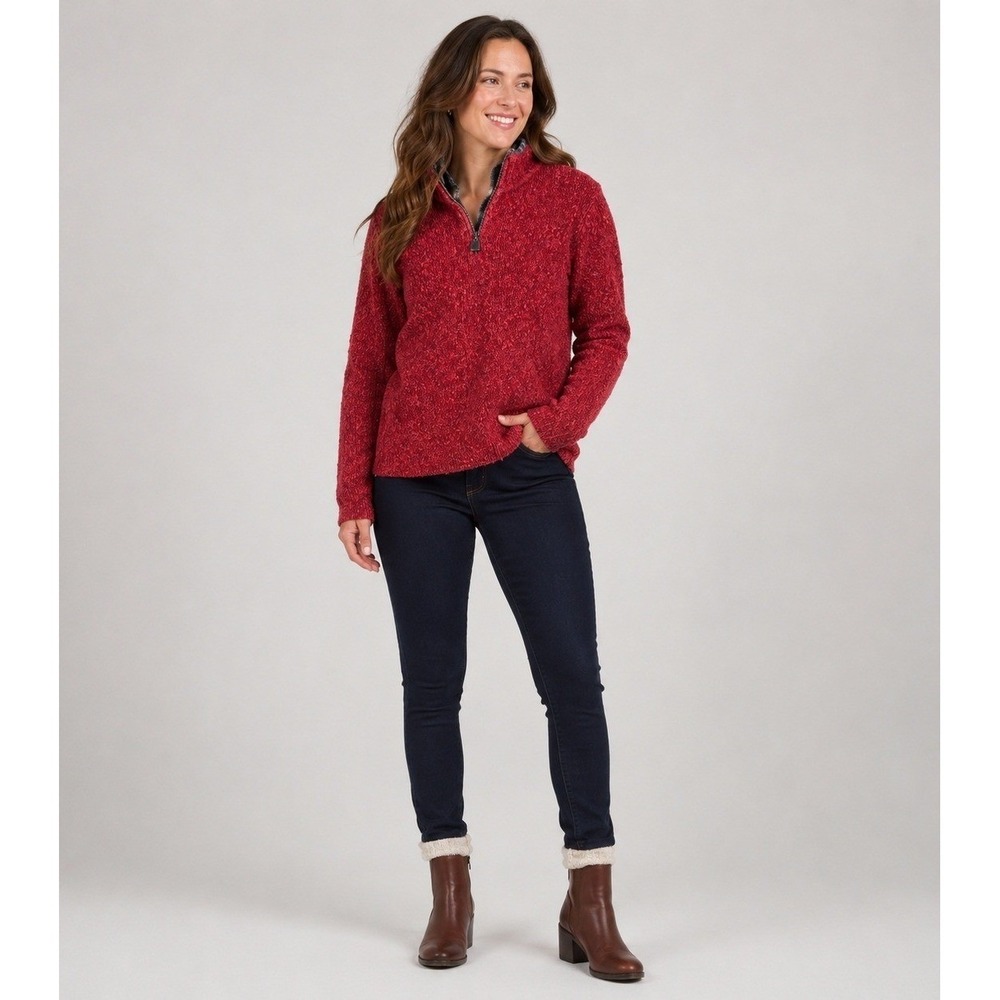 Woolrich Sweater Women Large Petite Ruby Red Ramie Acrylic Wool 1/4 Zip Pullover